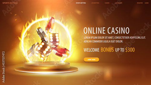 Online casino, yellow banner with gold 3D dice, stack of casino chips and gold podium with yellow neon ring on fire, 3d realistic vector illustration.
