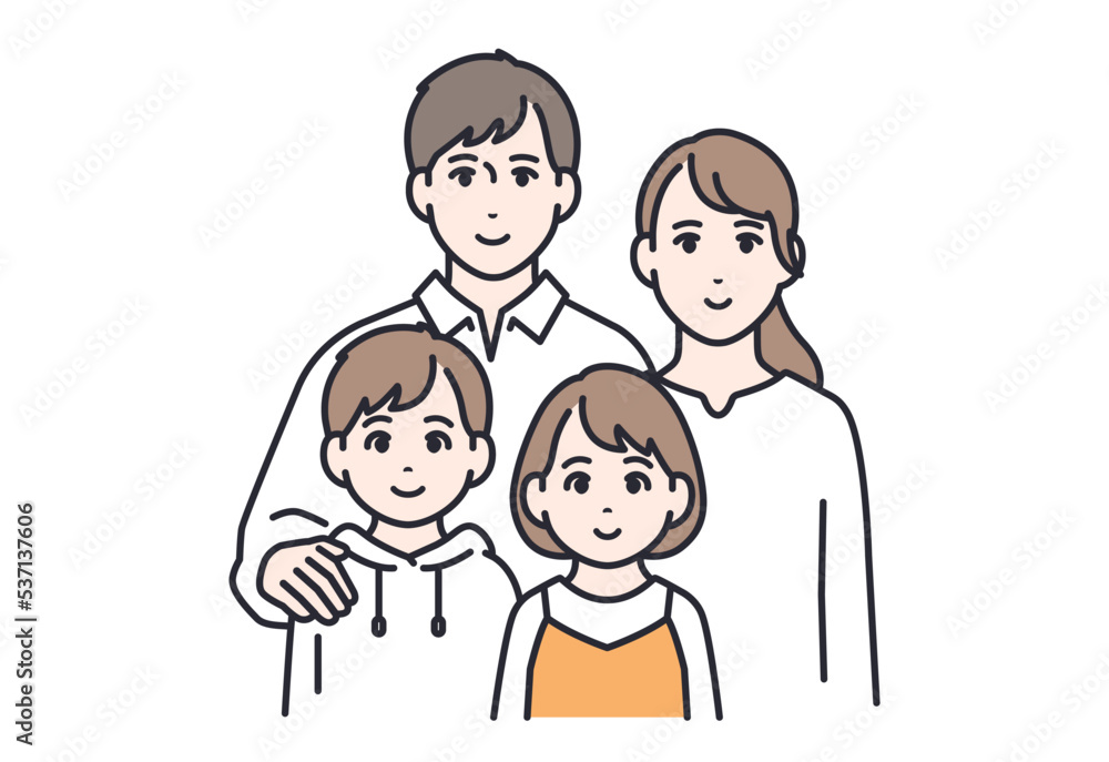 4人家族：若い夫婦と子供2人のシンプルなベクターイラスト素材