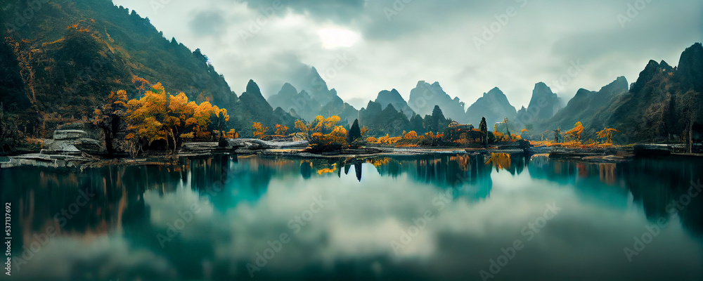 Mysterious mountain lake with turquoise water in the autumn day. Zen lake.  Beautiful reflection of mountains and autumn foliage Panoramic view of  mountain lake. 3d render Stock Illustration | Adobe Stock