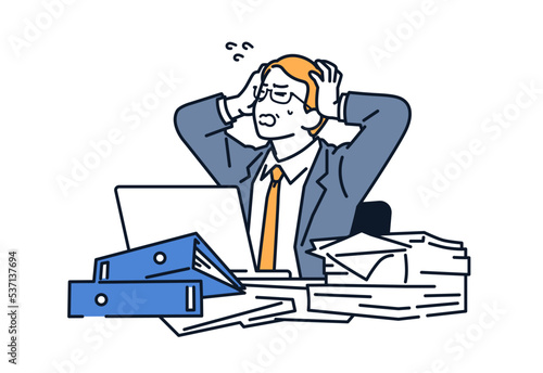 書類の山の前で頭を抱える経営者のシンプルなベクターイラスト素材