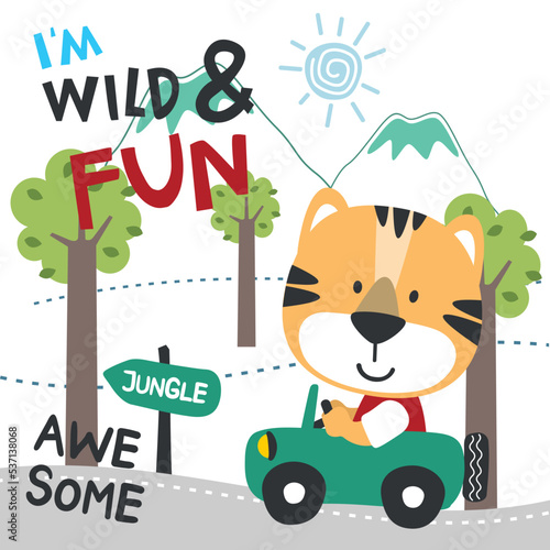 Vector illustration of funy animal driving the blue car. Funny background cartoon style for kids. Little adventure with animals on the road for nursery design  cartoon tshirt art design.