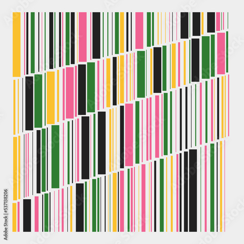 Abstract colorful vertical bars organized into rows that cut across at an angle on a white background