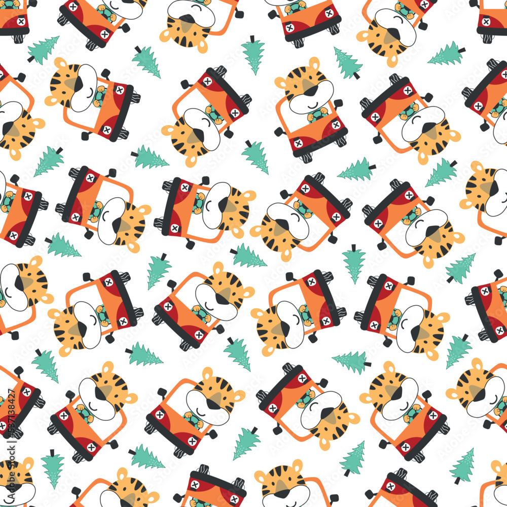 Fototapeta premium Vector illustration of funy animal driving the red car. Can be used for t-shirt print, Creative vector childish background for fabric textile, nursery wallpaper and other decoration.