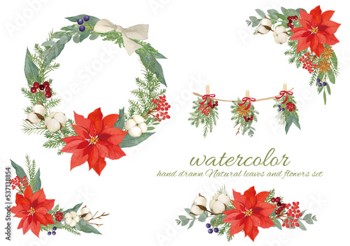 水彩で描いたクリスマスに使えるポインセチアと針葉樹のリース素材セット