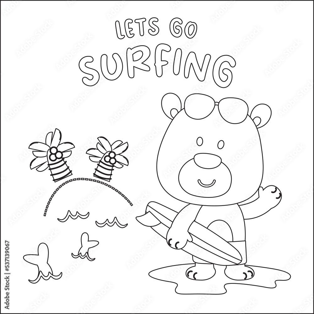 Vector illustration of cute little animal with a surfboard, Childish design for kids activity colouring book or page.