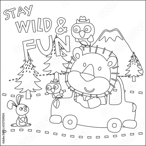 Vector illustration of funy animal driving the white car. Childish design for kids activity colouring book or page.