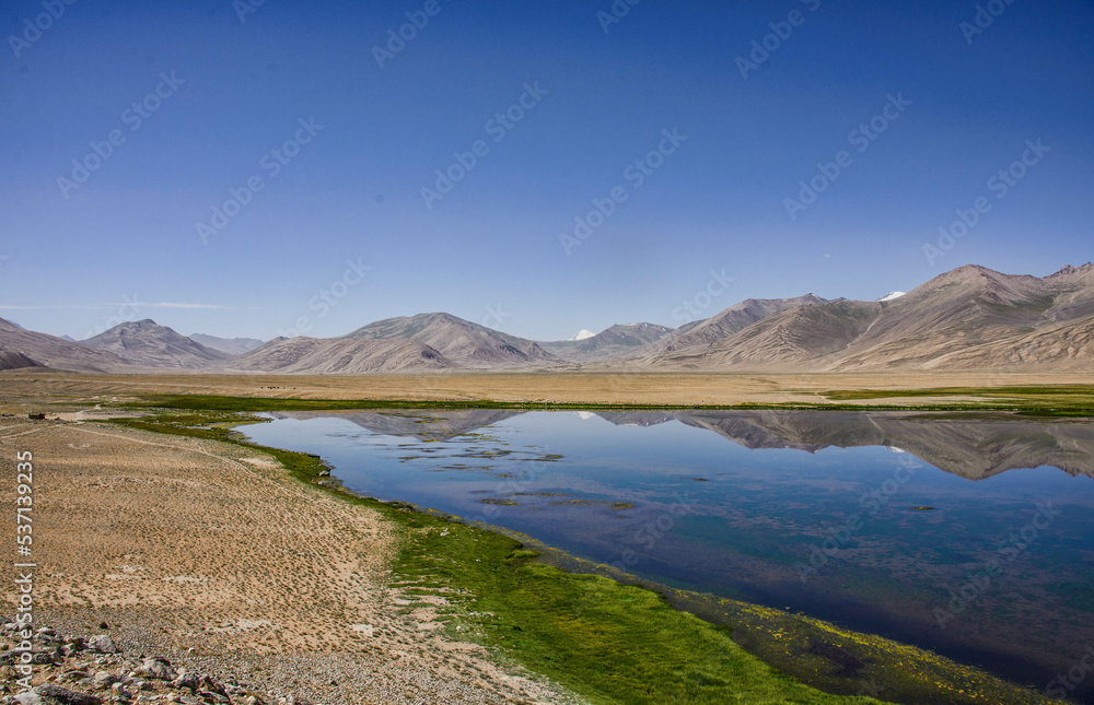 Reflecting rainbow mountains on Lake Bulunkul, Pamir Highway, Tajikistan Reflecting rainbow mountains on Lake Bulunkul, Pamir Highway, Tajikistan