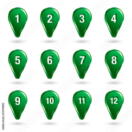 Icon set, pack 12 number pins for map. Number map pins icon set flat design for web and mobile applications. Bright and sparkly green and white icons at transparent background.