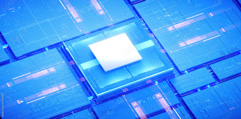 Fototapeta premium 3D rendering of cyberpunk AI. Circuit board. Technology background. Central Computer Processors CPU and GPU concept. Motherboard digital chip. Tech science background.