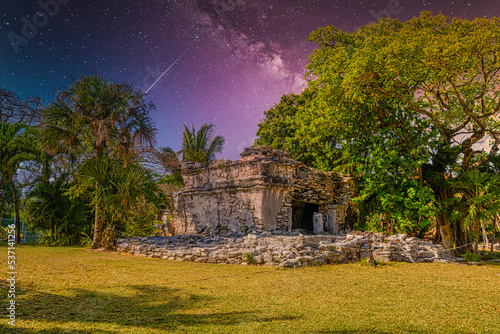 Playacar Mayan ruins with Milky Way Galaxy stars night sky in Playa del Carmen
