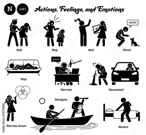 Stick figure human people man action, feelings, and emotions icons alphabet N. Nab, nag, nail, name, nap, narrate, nauseated, narrow down, navigate, and neaten.