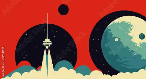 Space station with a starting rocket with smoke clouds and the moon on red background
