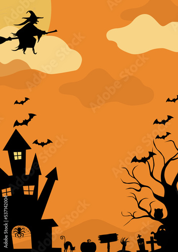 halloween background with house tree witch moon cat grave