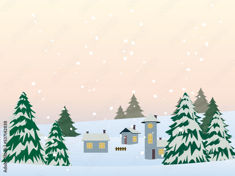 雪降る山間の家　背景素材