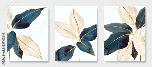 Luxury art background with white and blue tropical leaves in golden line style. Botanical poster set with watercolor texture for banner design, wallpaper, print, decor, interior.