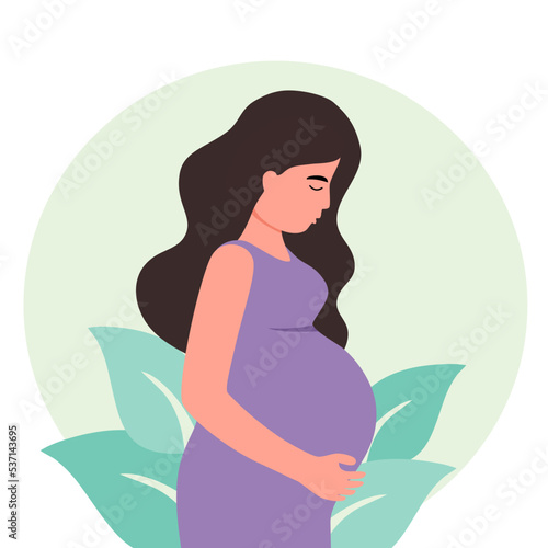 Pregnant woman with sad face in flat design side view.
