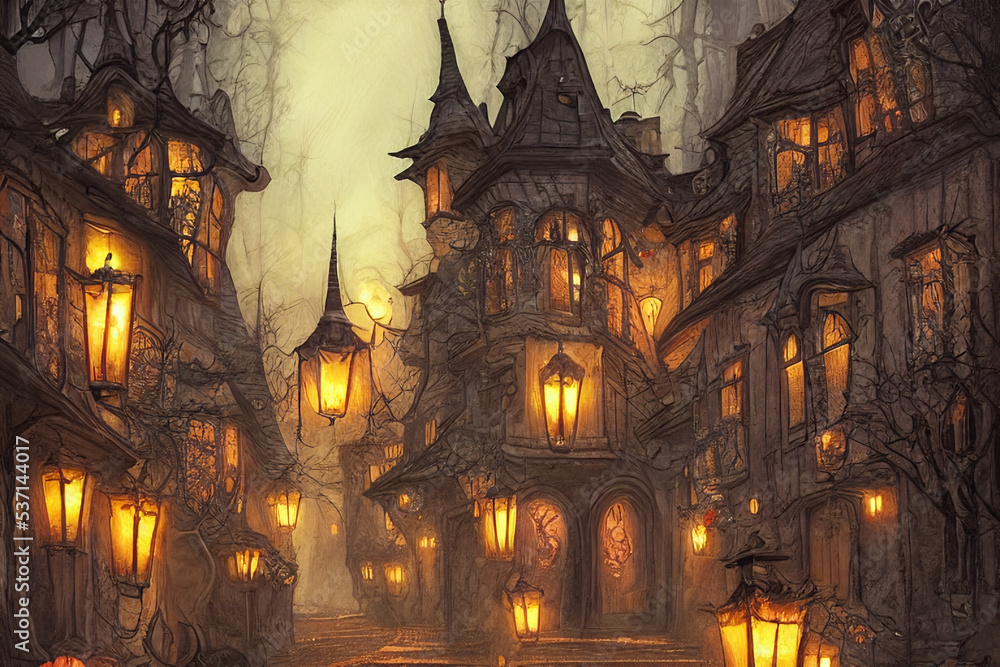 Ominous and spooky fantasy town at night, Halloween and dreary atmosphere, haunted houses and huts, witching hour. Ai generated illustrations Ominous and spooky fantasy town at night, Halloween and dreary atmosphere, haunted houses and huts, witching hour. Ai generated illustrations