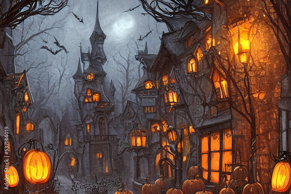 Ominous and spooky fantasy town at night, Halloween and dreary