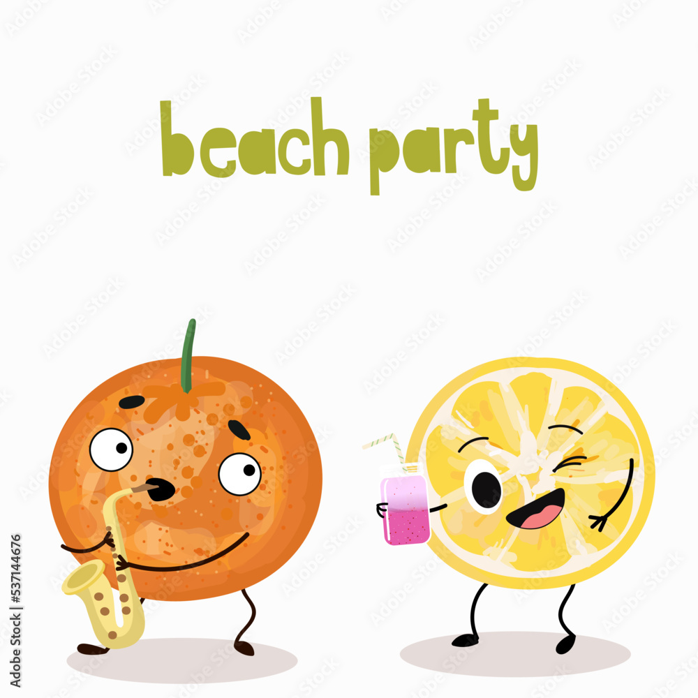 Vector illustration of funny characters, cartoons, lemon with a cocktail, tangerine, orange with a saxophone, fun, emotional, expressive, funny fruits, beach party lettering. Vector illustration of funny characters, cartoons, lemon with a cocktail, tangerine, orange with a saxophone, fun, emotional, expressive, funny fruits, beach party lettering.