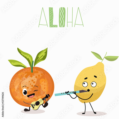 Vector illustration of funny characters, cartoons, lemon playing fife, flute, orange, mandarin playing ukulele, funny fruit, summer vibes, beach party, summer sale.