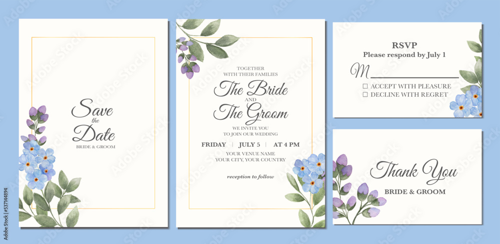 Manual painted of forget me not flower watercolor as wedding invitation.