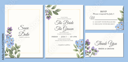 Manual painted of forget me not flower watercolor as wedding invitation.