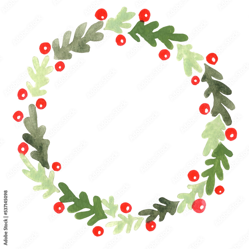 Green oak leaves with wild berry watercolor wreath for decoration on Christmas holiday. Green oak leaves with wild berry watercolor wreath for decoration on Christmas holiday.