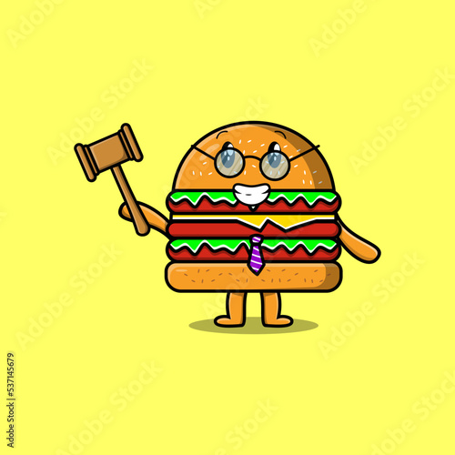 Cute cartoon mascot character wise judge Burger wearing glasses and holding a hammer 