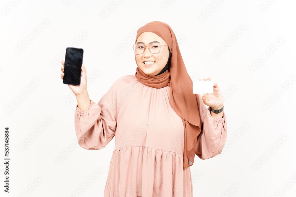 Showing Apps On Blank Screen Smartphone and holding blank bank card of Beautiful Asian Woman Showing Apps On Blank Screen Smartphone and holding blank bank card of Beautiful Asian Woman