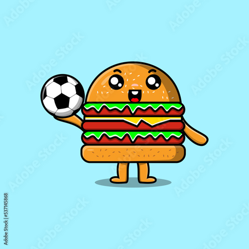 Cute cartoon Burger character playing football in flat cartoon style illustration