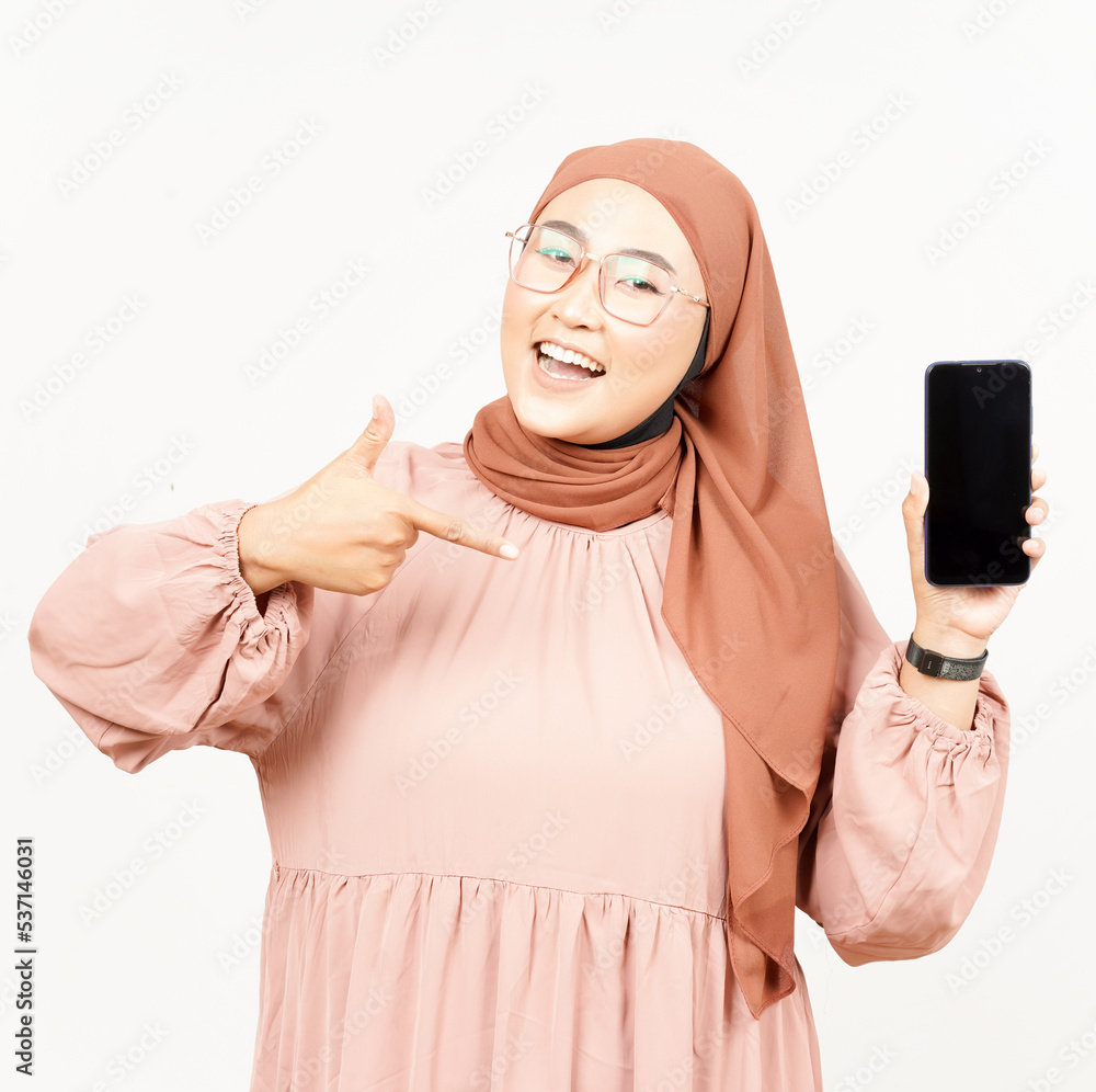 Showing Apps On Blank Screen Smartphone of Beautiful Asian Woman Wearing Hijab Isolated On White Showing Apps On Blank Screen Smartphone of Beautiful Asian Woman Wearing Hijab Isolated On White