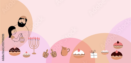 Hanukkah vector doodle horizontal banner ,wooden spinning top, Hebrew letters, donuts, menorah candles, oil jar,israel happy greeting hanukkah cards elements.Religious party decor.