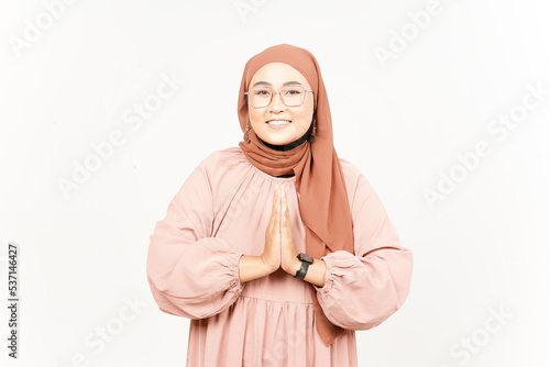 Begging to say sorry of Beautiful Asian Woman Wearing Hijab Isolated On White Background