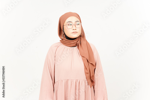 Sad Looking upset, sulking and frowning of Beautiful Asian Woman Wearing Hijab Isolated On White