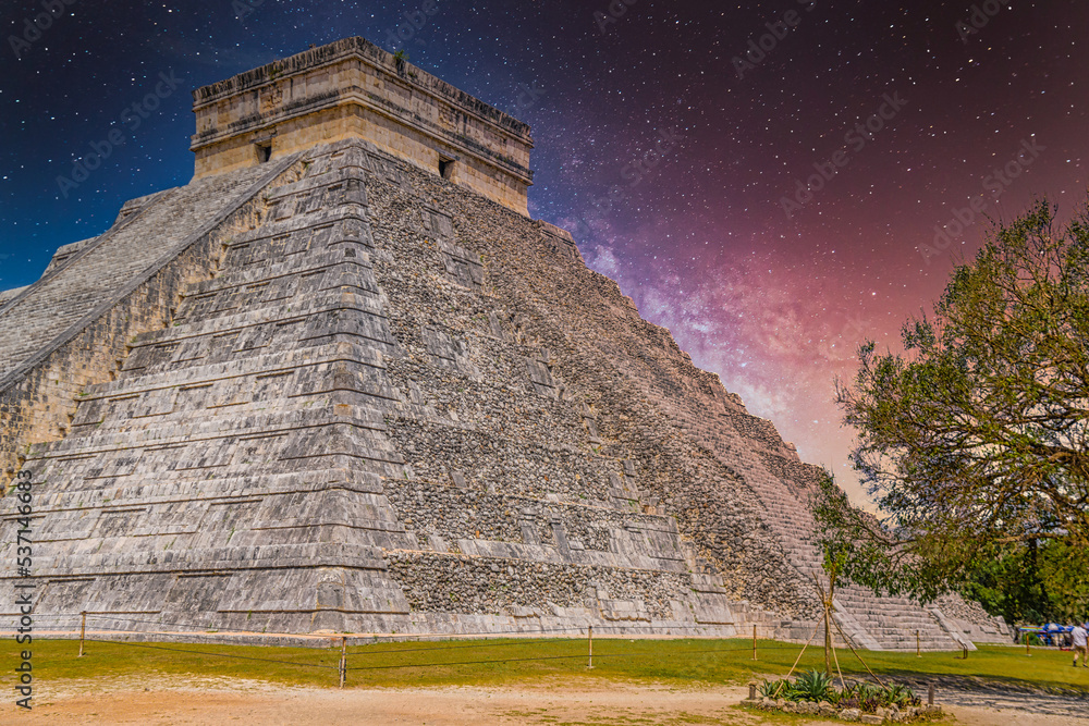 Temple Pyramid of Kukulcan El Castillo, Chichen Itza, Yucatan, Mexico, Maya civilization with Milky Way Galaxy stars night sky Temple Pyramid of Kukulcan El Castillo, Chichen Itza, Yucatan, Mexico, Maya civilization with Milky Way Galaxy stars night sky