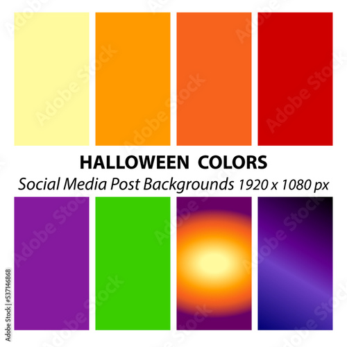 Set of Halloween social media templates. Colour pallet of 8 bright halloween tones, empty frames for blogs, event ads, online store, marketing, advertising, mobile app, web. Vector illustration, EPS10