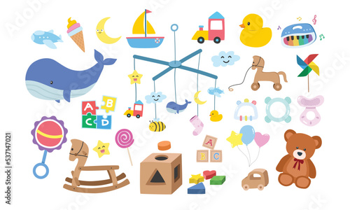 Vector set of kids toys clipart. Simple cute baby toys flat vector illustration. Children toys rubber duck, baby mobile, piano, shape sorter, teddy bear, baby blocks, rattle, teether, puzzle cartoon