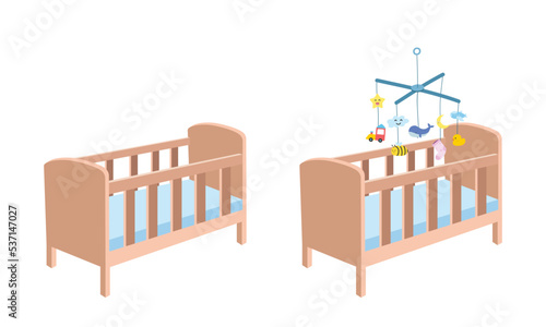 Wooden baby crib clipart. Simple cute crib with baby mobile hanging toy flat vector illustration. Baby crib cradle bed children bedroom cartoon hand drawn style. Kids, baby shower, nursery decoration