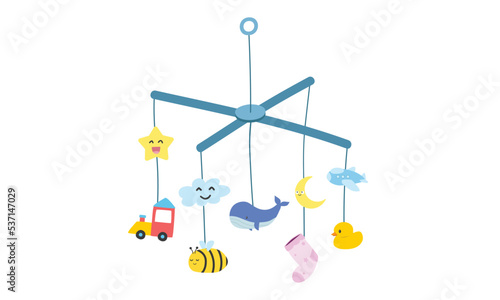 Baby mobile toy clipart. Simple crib mobile hanging toy for baby flat vector illustration isolated. Baby mobile with cute star, cloud, moon, whale, rubber duck, bee, sock, airplane toy cartoon style