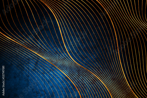 Golden wavy lines and dark blue grunge background. Vector design