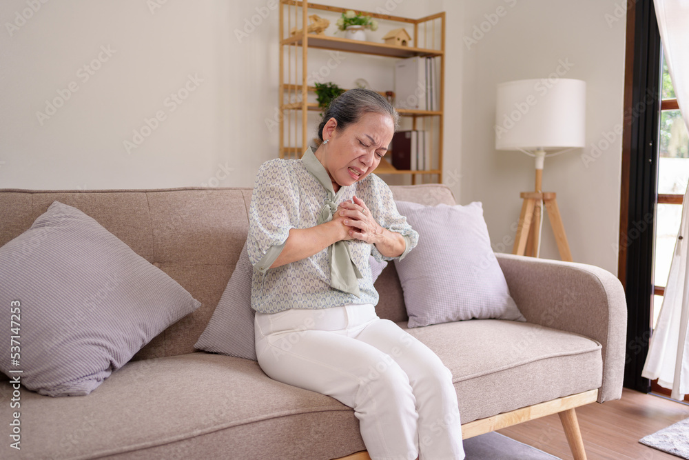 Asian senile woman with body aches, leg pain, chest pain, muscle