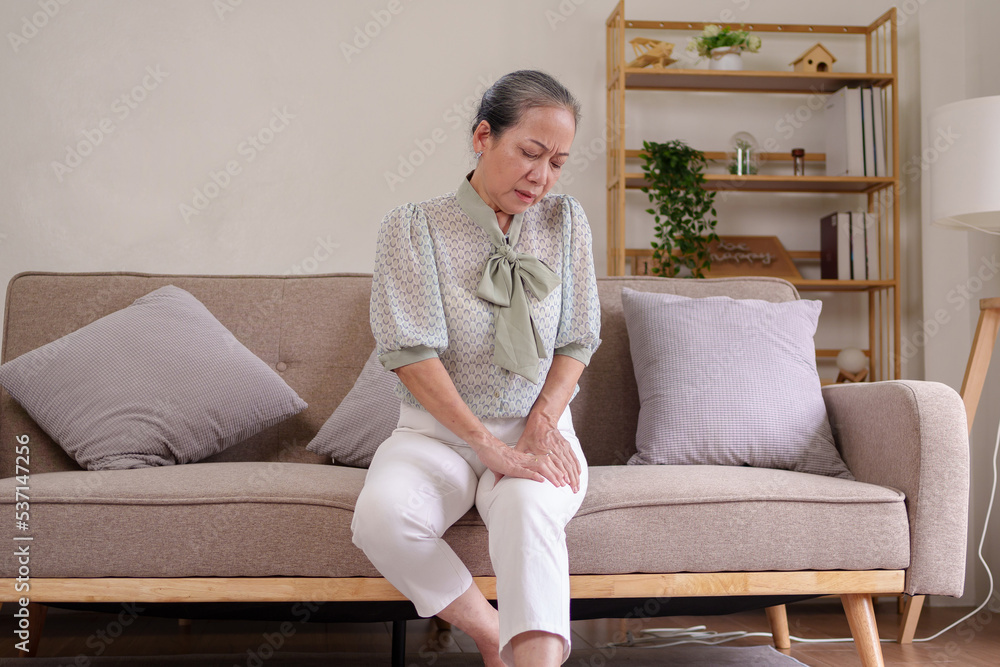 Asian senile woman with body aches, leg pain, chest pain, muscle