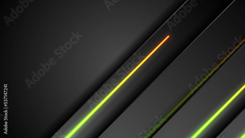Black tech abstract design with yellow and green neon glowing light