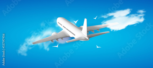 Silver airplane, top view. Flying plane on a blue background. The concept of advertising banner for travel agencies, travel.