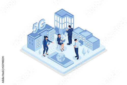 People Characters standing in Modern Smart City and Communicating with New Generation 5g Technology Network. High-speed mobile Internet Concept, isometric vector modern illustration