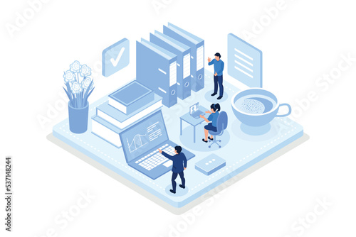 Woman sitting at Desk and Filling Survey Form. She's Putting Check Marks on Checklist, Giving Four Star Feedback and Leaving Review. User Experience Concept, isometric vector modern illustration