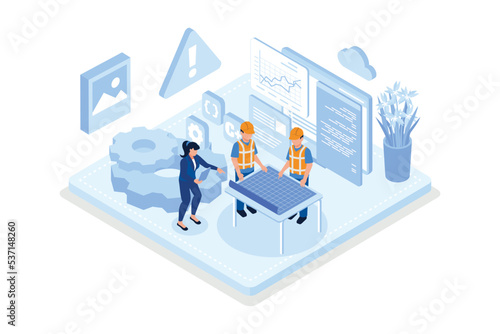 People Characters Developing Web Site. Woman and Man Solving Errors and Bugs. Website Maintenance Process and Under Construction Concept Page, isometric vector modern illustration