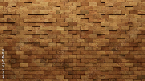 Rectangular, 3D Mosaic Tiles arranged in the shape of a wall. Wood, Natural, Blocks stacked to create a Soft sheen block background. 3D Render