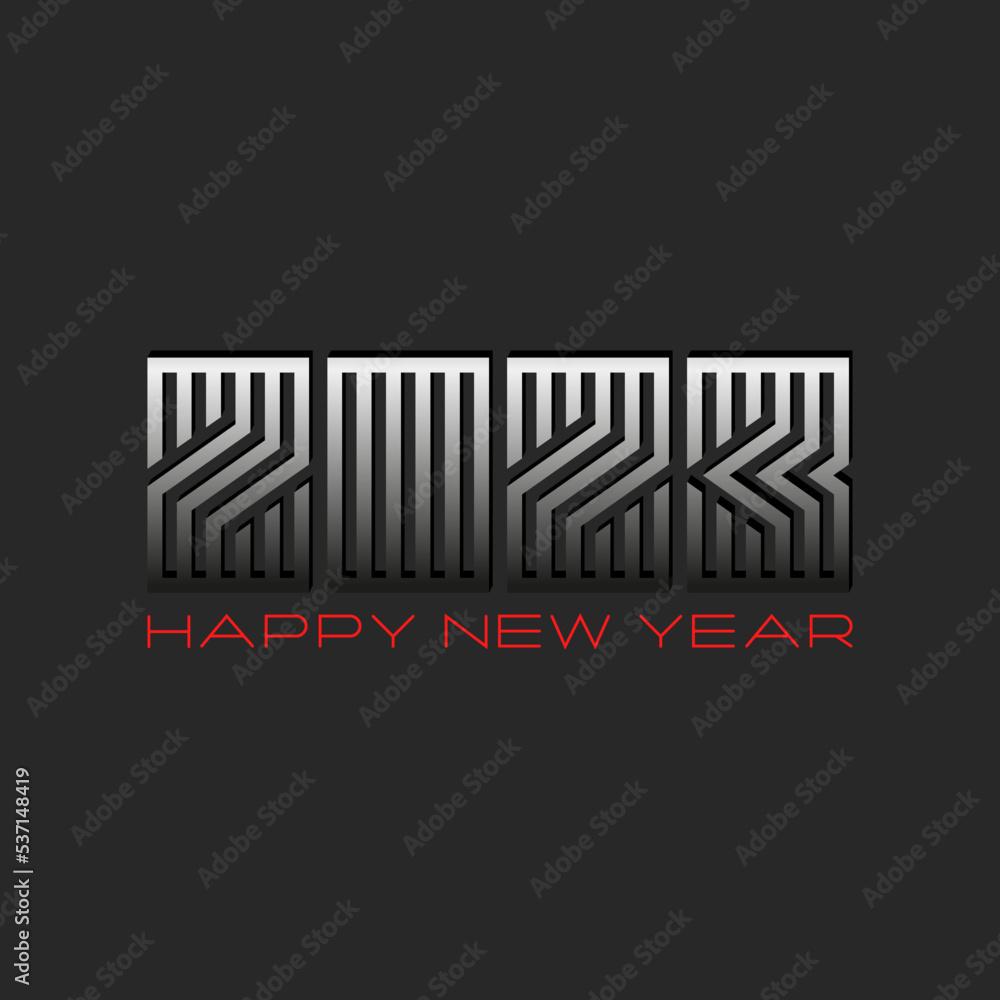 Happy New Year 2023 number monogram calendar cover, maze shape creative typography element black background, greeting card design.