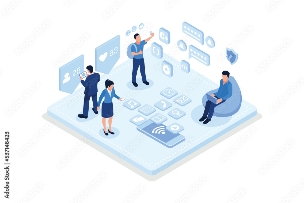 People Characters standing near Smartphone and looking at new Social Media Post. Woman and Man leaving Comments and likes for Photo in Mobile App, isometric vector modern illustration